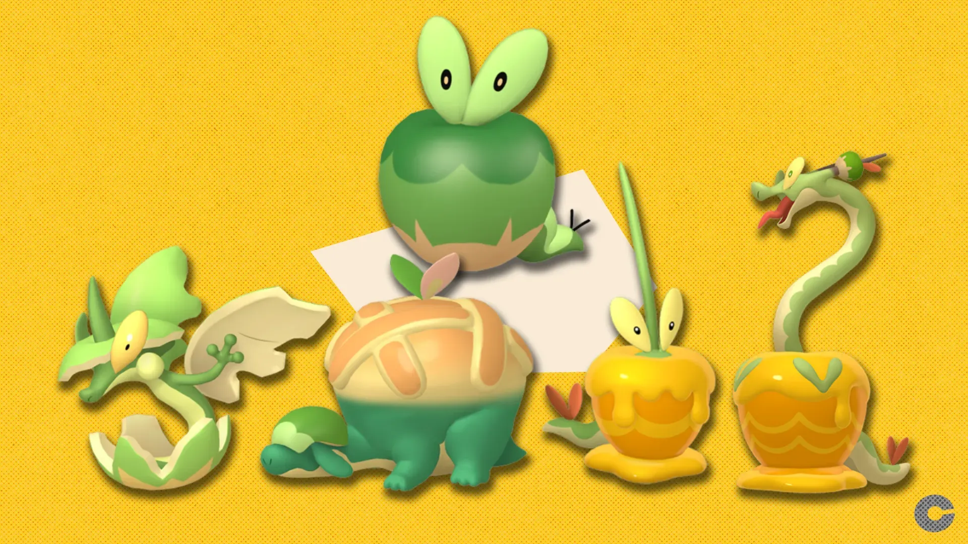 Shiny Applin (top) with shiny evolutions running left to right: Flapple, Appletun, Dipplin and Hydrapple.