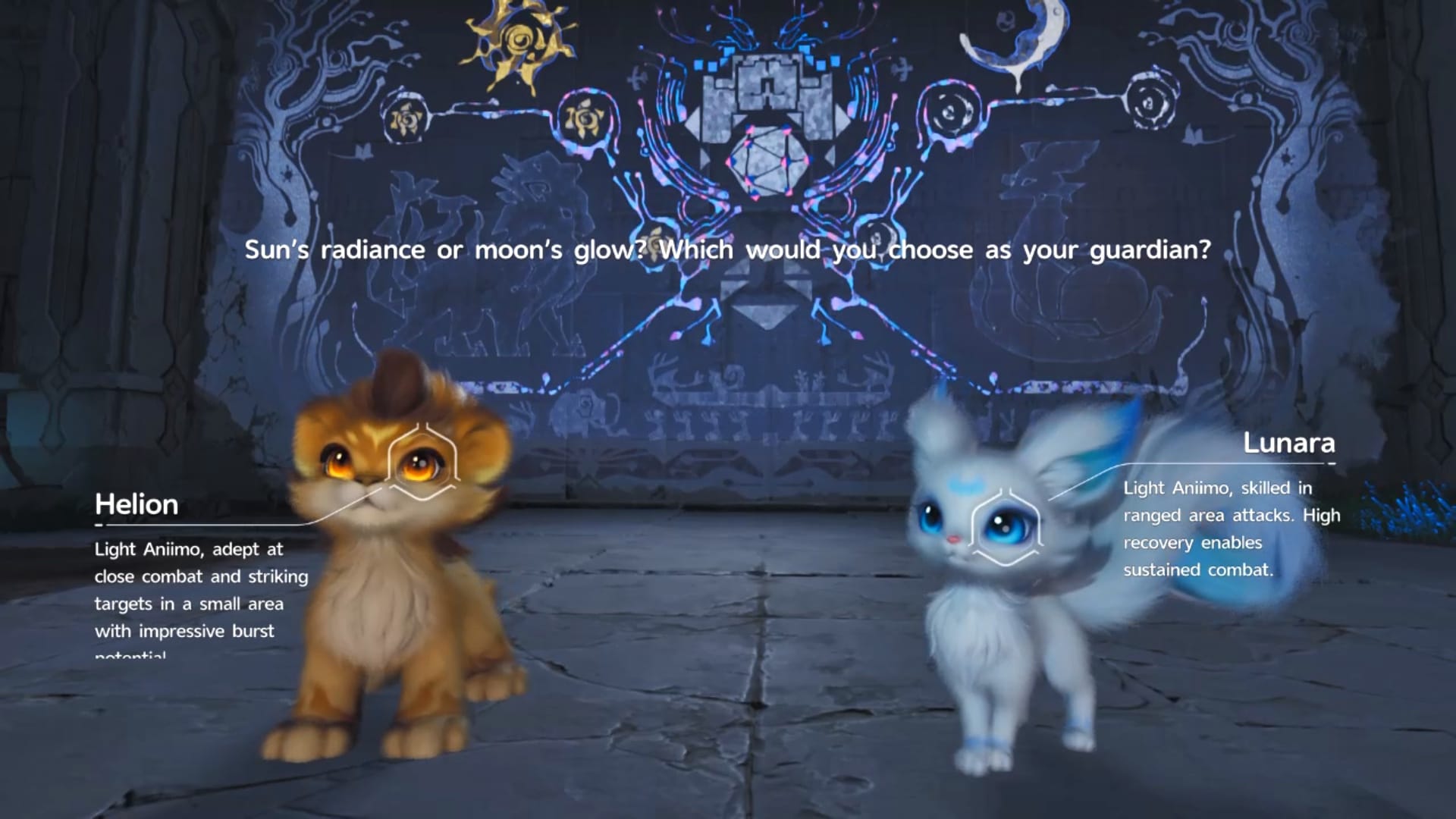 A screen where you can choose between Helion and Lunara in Aniimo, with the text: "Sun's radiance or moon's glow? Which would you choose as your guardian?"