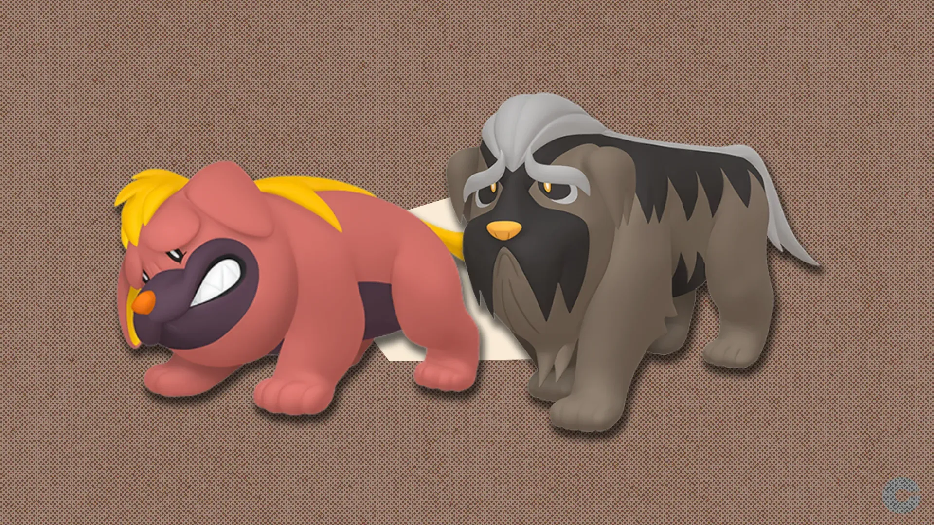 Maschiff and evolution Mabosstiff in front of a polygonal shape and textured background.