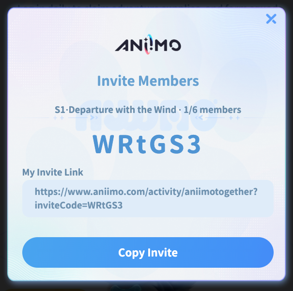 A screenshot for the 'Aniimo Together' event on the aniimo.com website, showing a squad invite code.