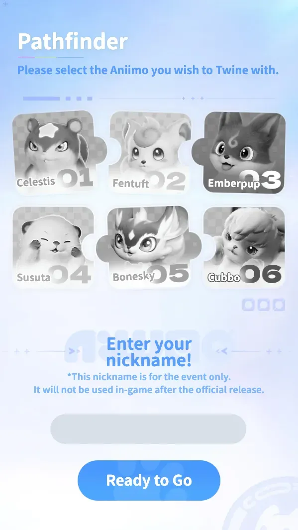 A screenshot for the 'Aniimo Together' event on the aniimo.com website, showing an Aniimo selection and nickname entry.