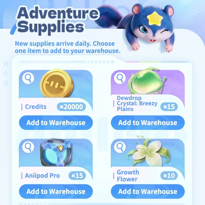 A screenshot for the 'Aniimo Together' event on the aniimo.com website, showing Adventure Supplies.