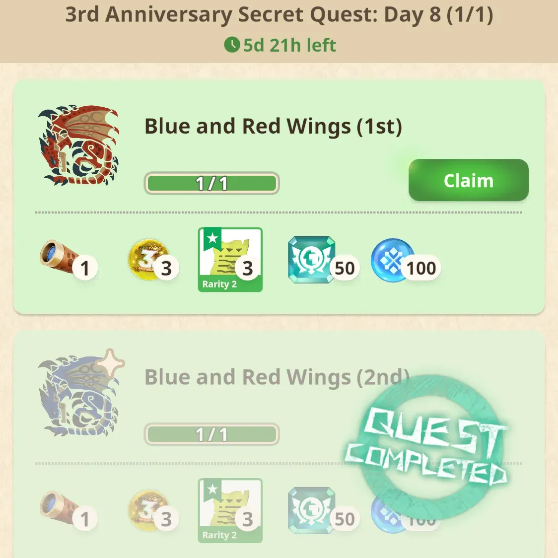 A completed Secret Quest: Day 8 in Monster Hunter Now.