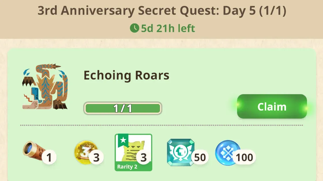 A completed Secret Quest: Day 5 in Monster Hunter Now.