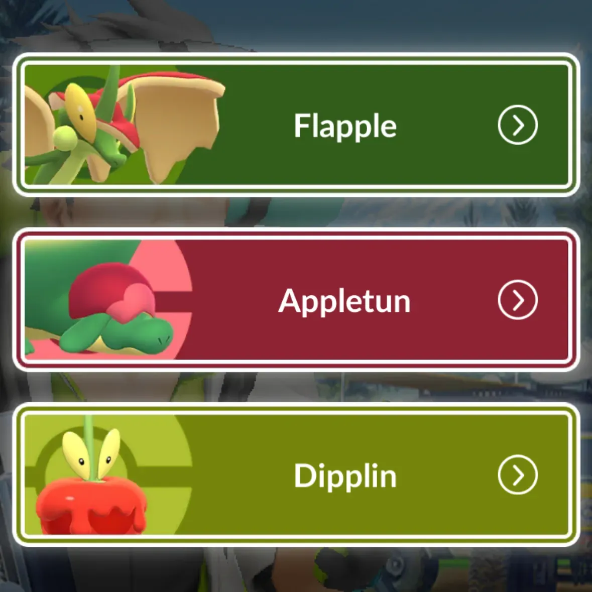 The Flapple, Appletun and Dipplin choice in Pokémon Go's Harvest Festival: Apple Picking Timed Research.