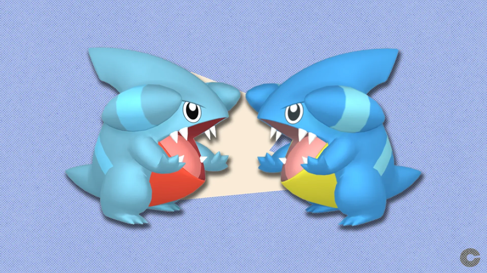 Gible and shiny Gible in front of a polygonal shape and textured background.