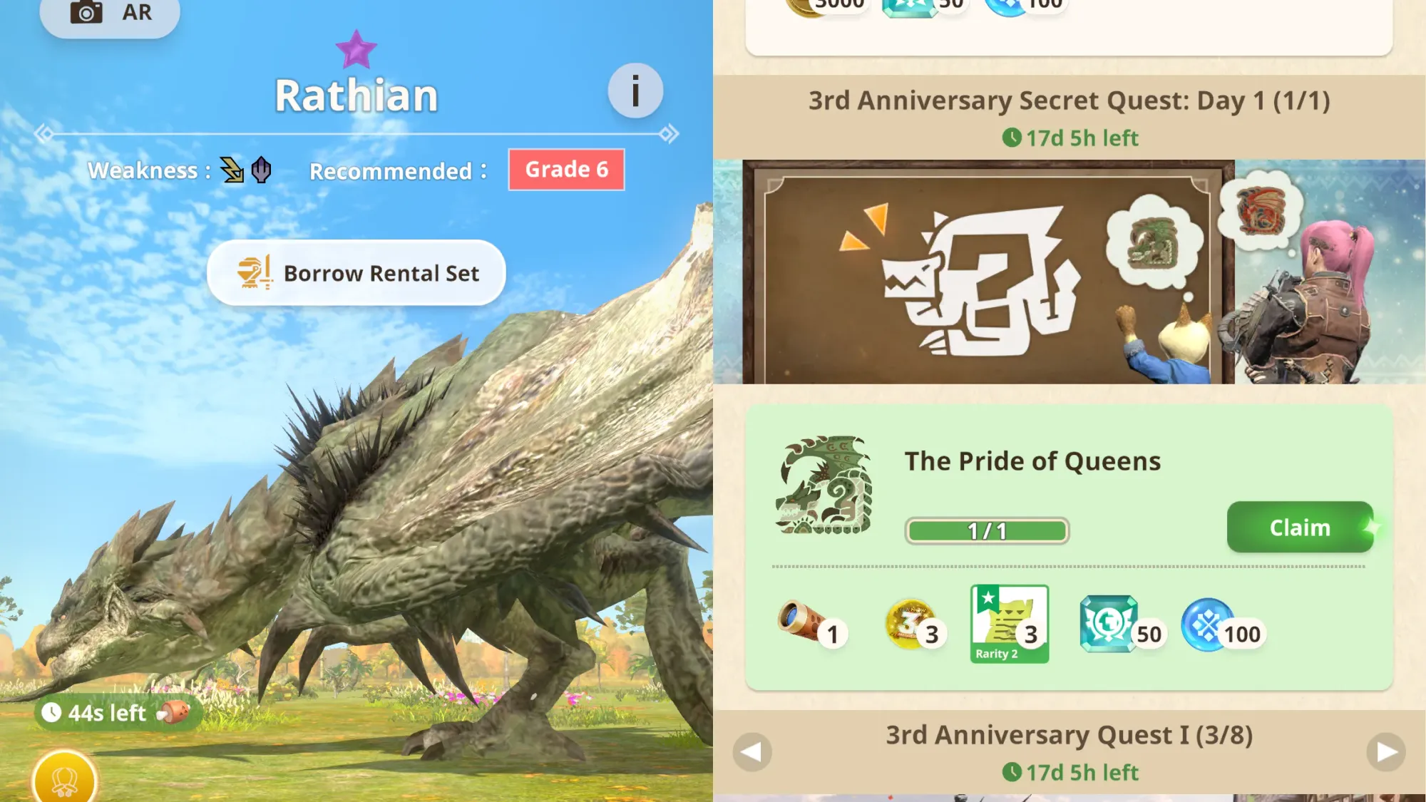 Side-by-side screenshots showing a Rathian encounter on the left, and a completed Secret Quest: Day 1 on the right.