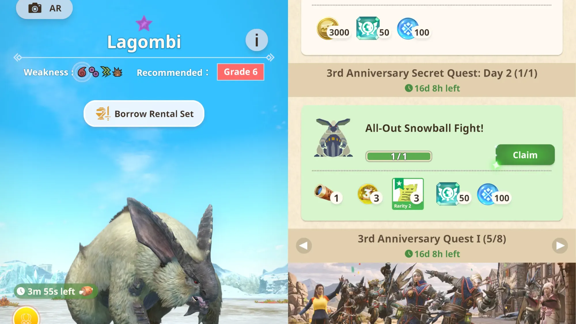 Side-by-side screenshots showing a Lagombi encounter on the left, and a completed Secret Quest: Day 2 on the right.