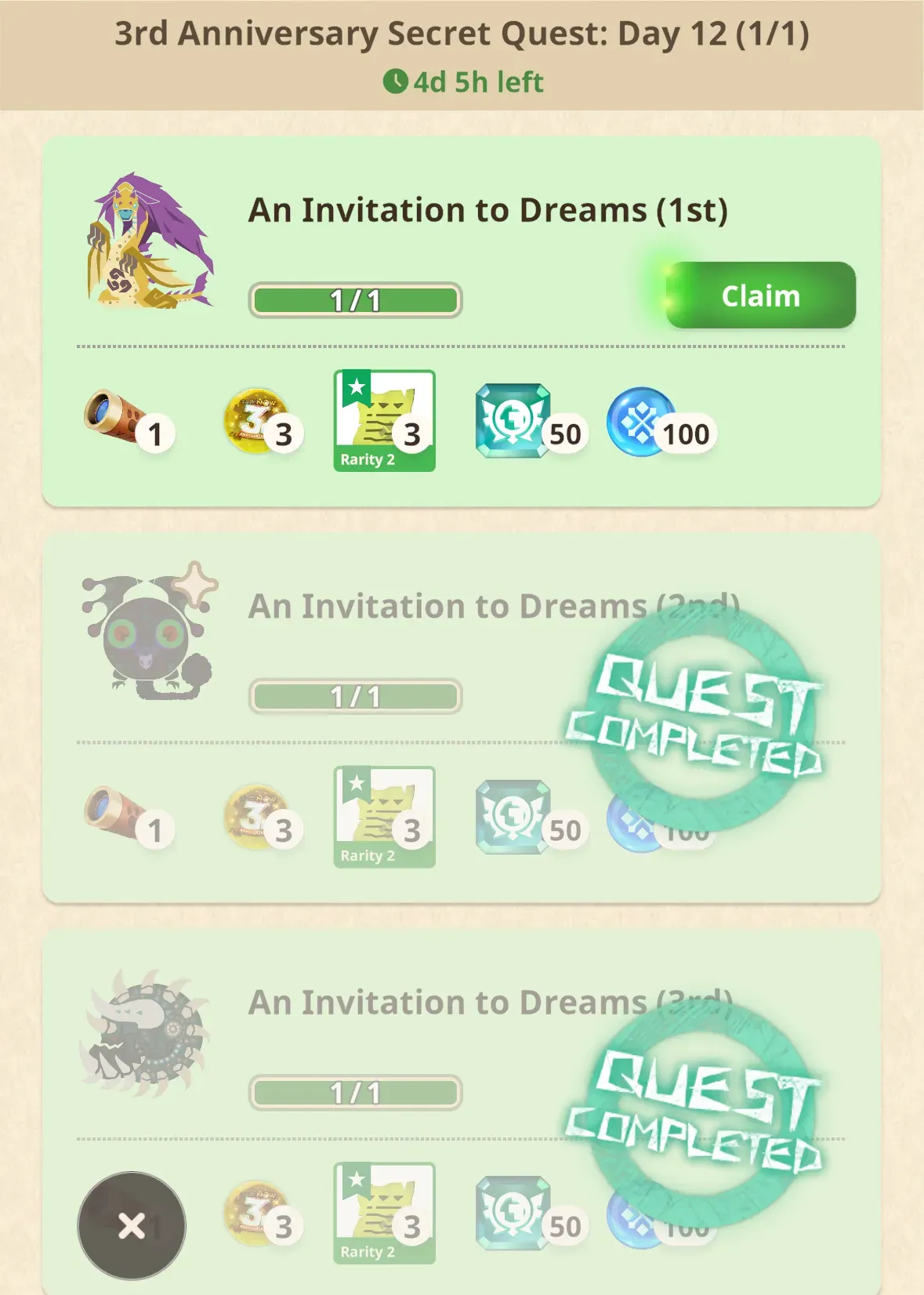 A completed Secret Quest: Day 12 in Monster Hunter Now.