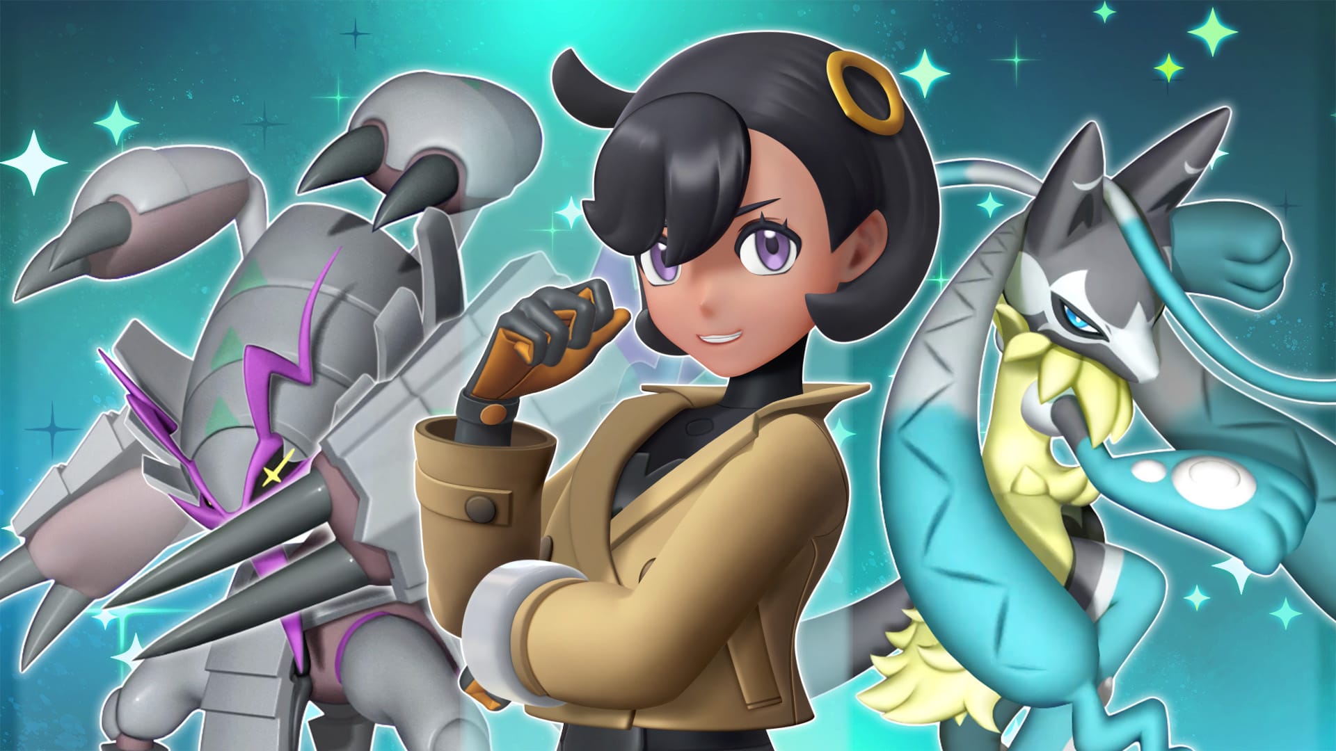 A promotional image for Pokémon Champions Season M-6 Battle Pass, featuring Mega Golisopod, Emma, and Mega Lucario Z.