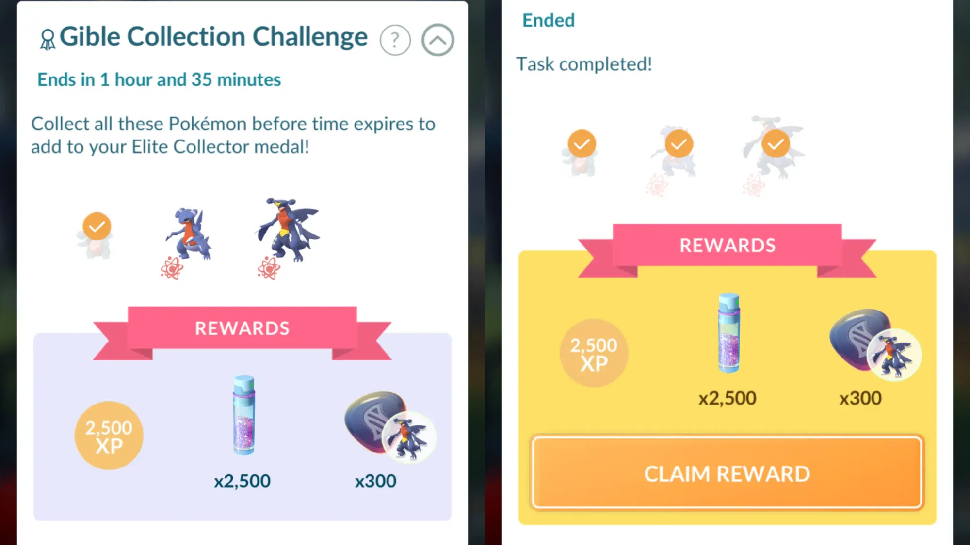 Two screenshots showing the Gible Collection Challenge in Pokémon Go.