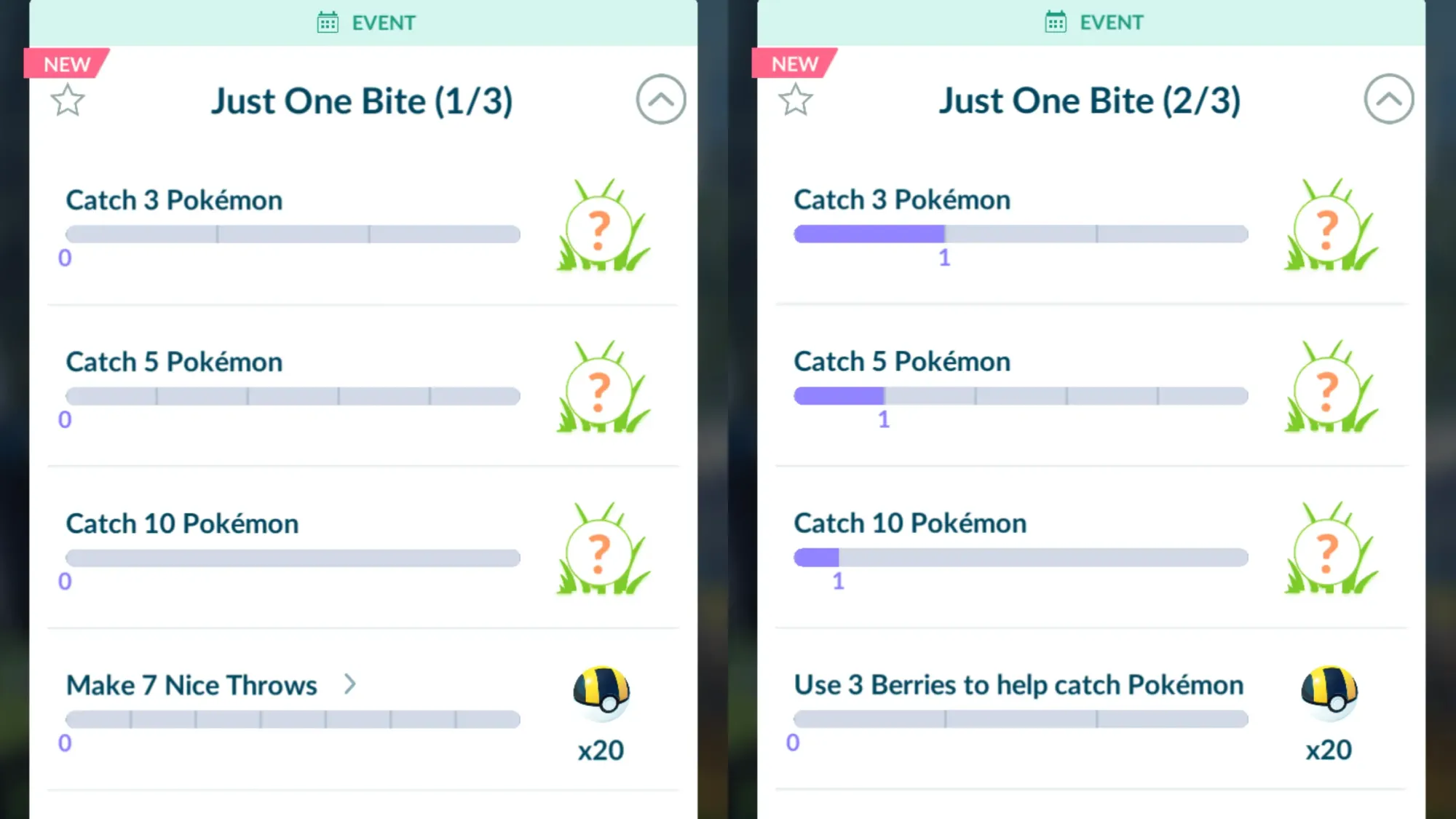 Side-by-side screenshots showing the first two steps for the 'Just One Bite' research in Pokémon Go.