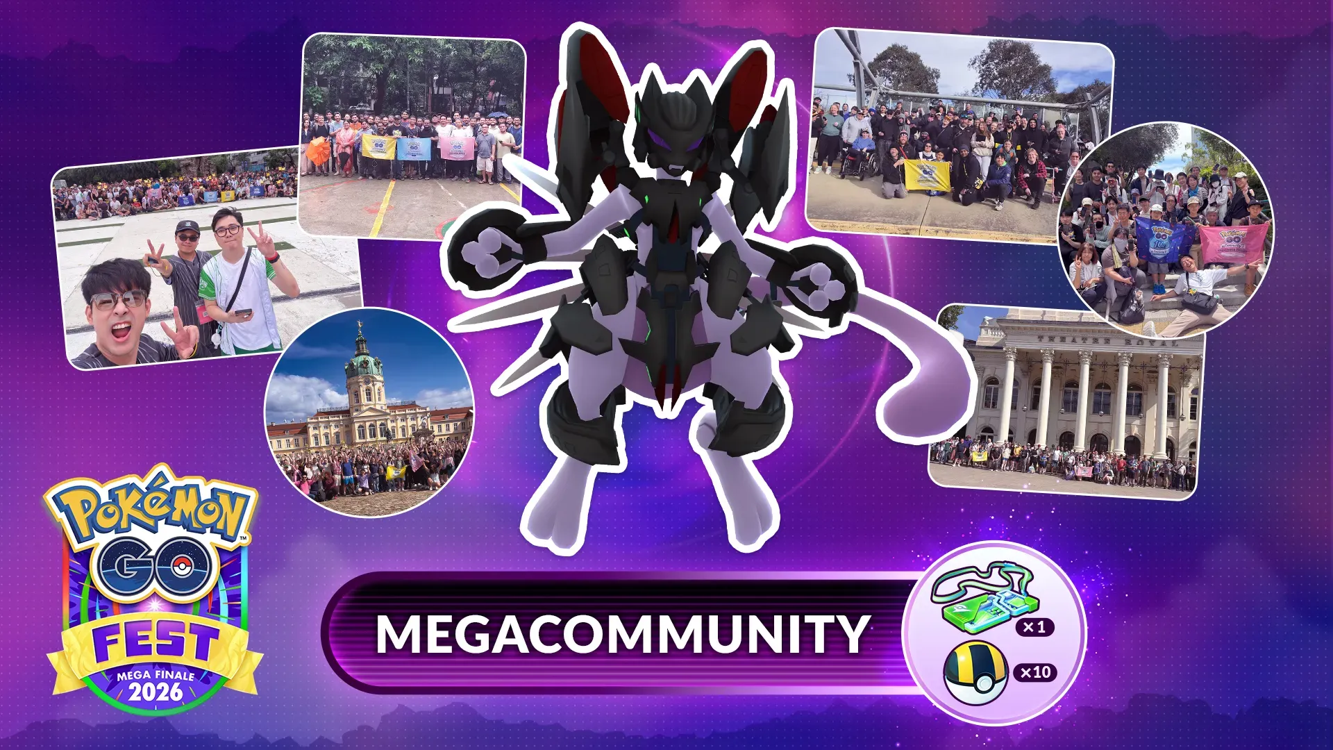 A promotional image for the Armored Mewtwo Meetup Challenge, featuring text with the redemption code MEGACOMMUNITY.