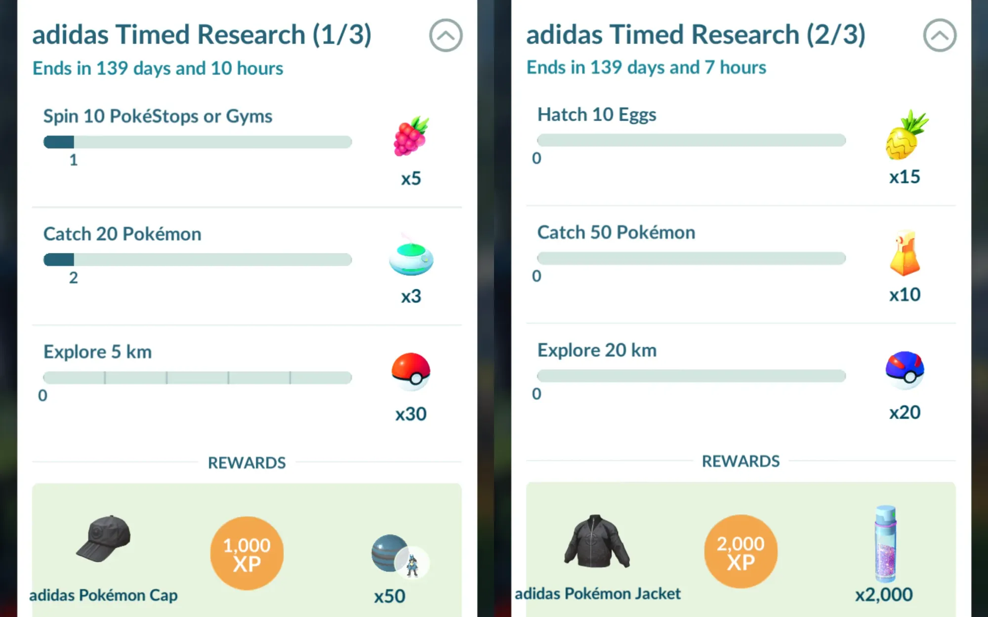 The first two steps of adidas Timed Research in Pokémon Go.