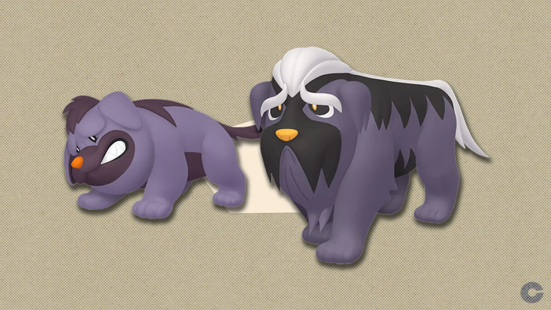 Shiny Maschiff and Mabosstiff in front of a polygonal shape and textured background.