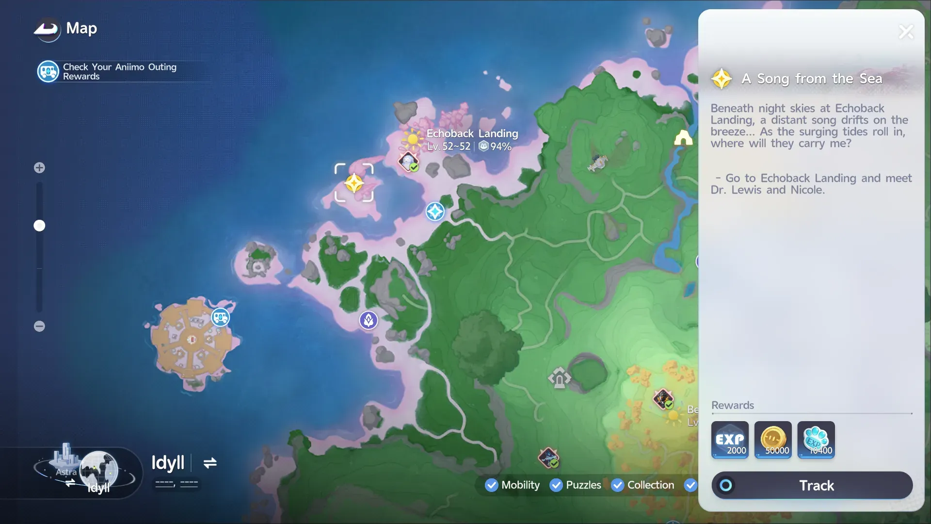 The Aniimo map showing the location of the 'A Song from the Sea' quest.