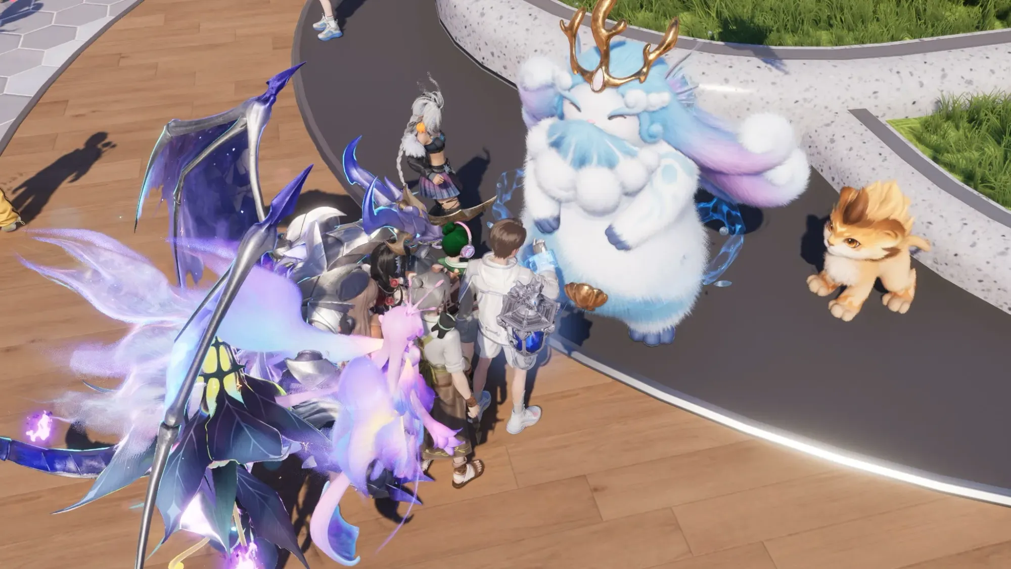 A line of players queueing up for the Mysterious Vendor in Aniimo.