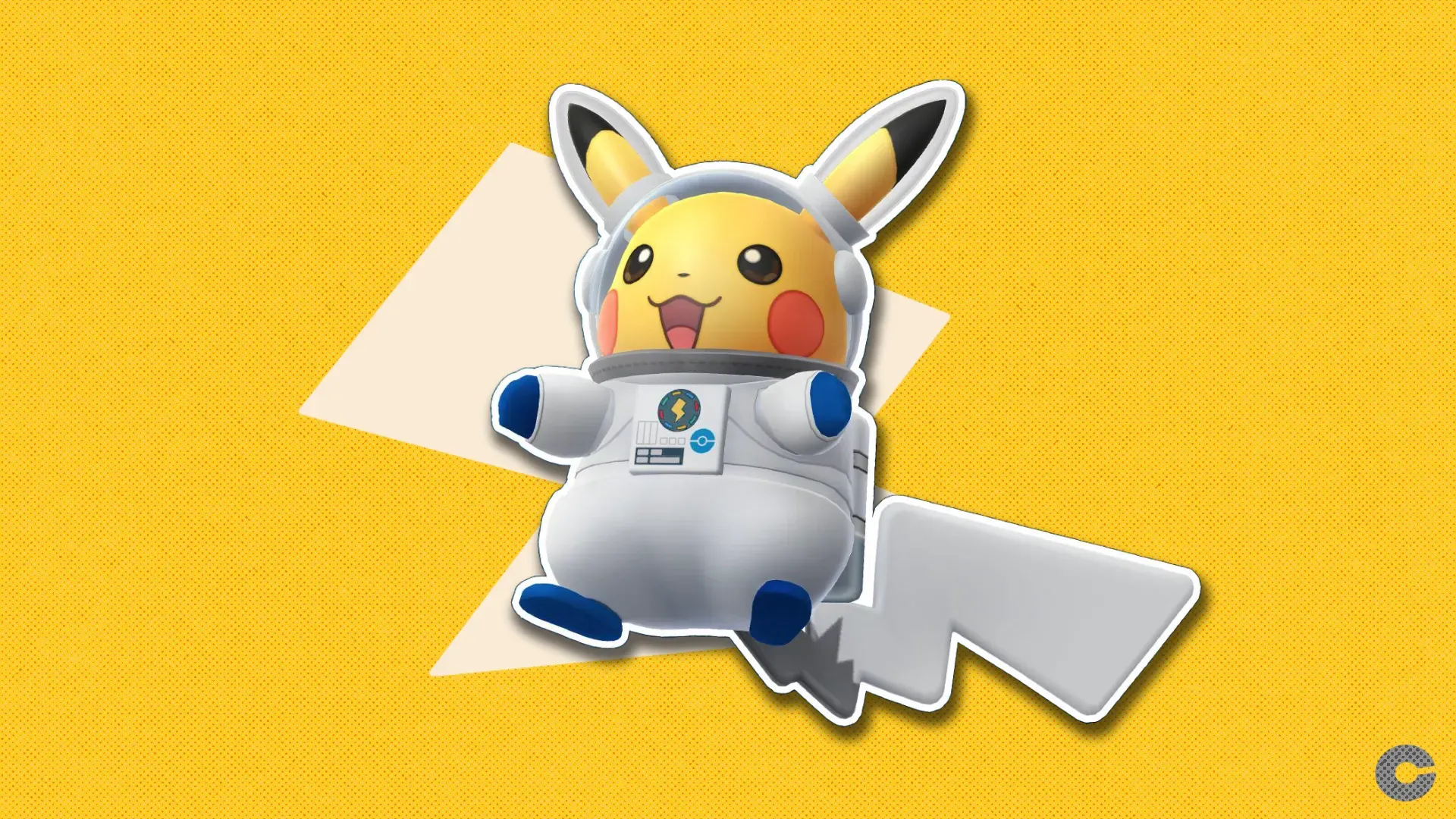 Astronaut Pikachu in front of a polygonal shape and textured background.