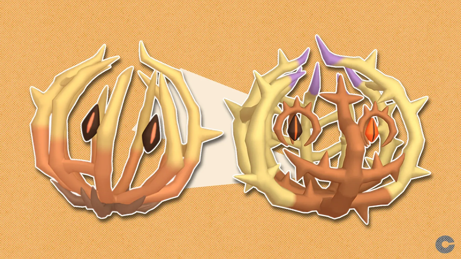 Bramblin and Brambleghast in front of a polygonal shape and textured background.