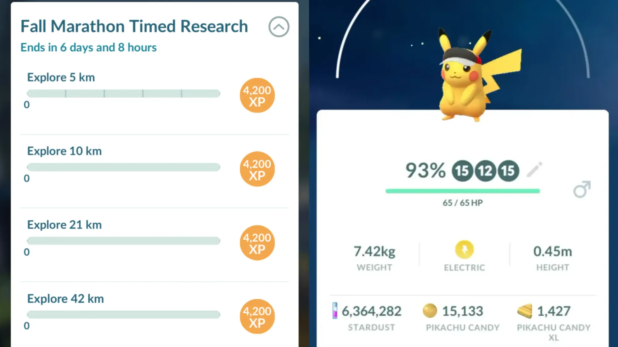 A side-by-side set of Pokémon Go screenshots featuring Fall Marathon Timed Research and a Pikachu with marathon visor.