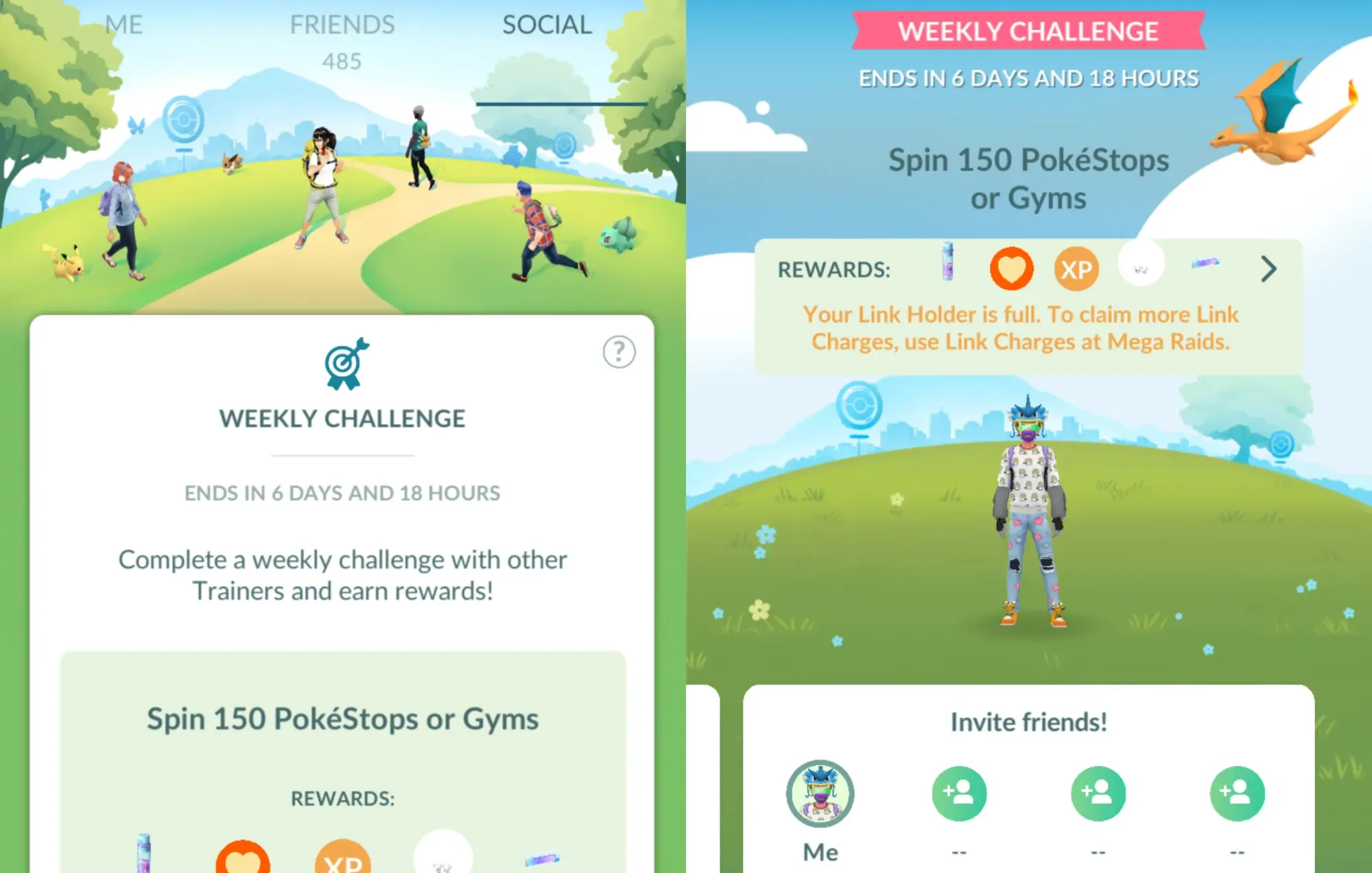 Two screenshots from Pokémon Go, the left featuring the Social tab, the right choosing a group in the Weekly Challenges feature.