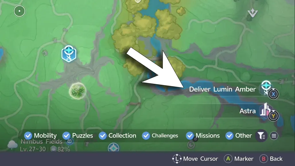 An arrow pointing at the 'Deliver Lumin Amber' menu item in Aniimo.