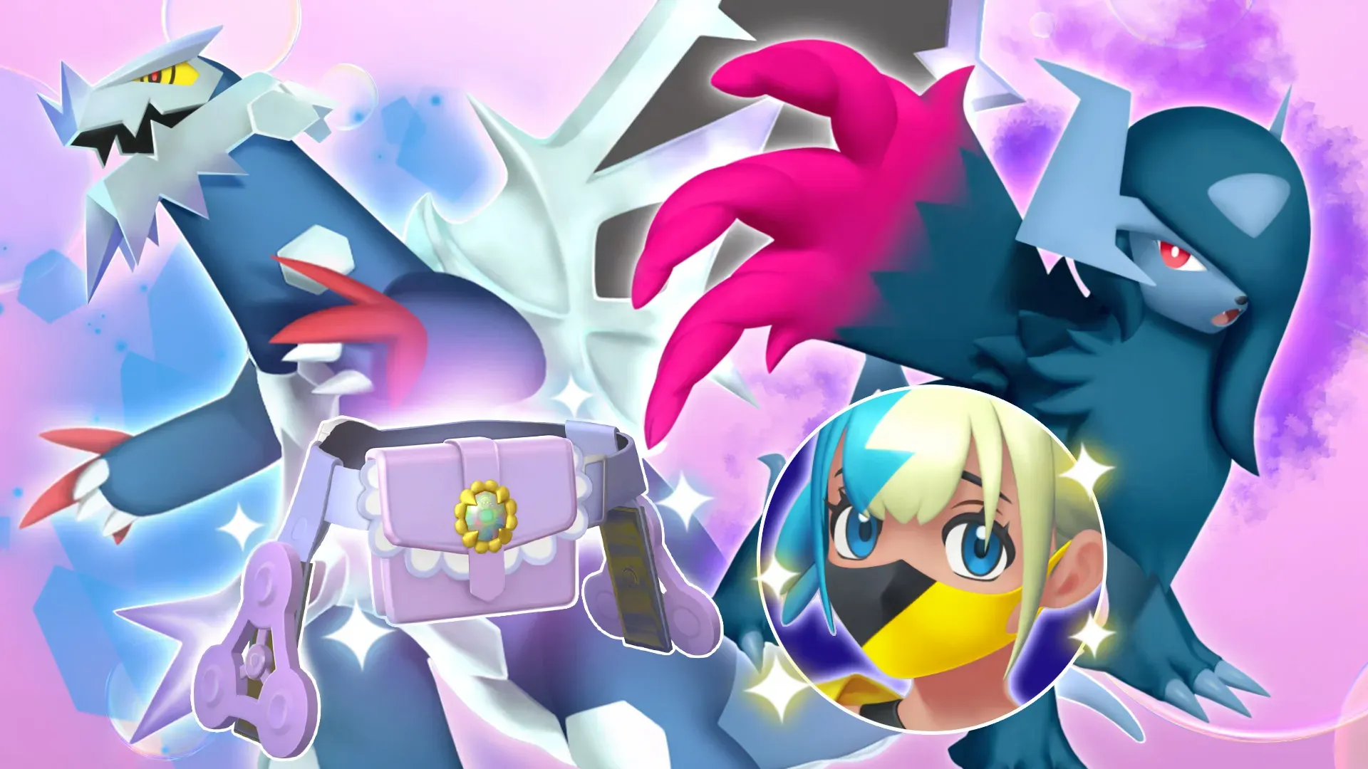 A promotional image for Pokémon Champions Season M-7 Battle Pass, featuring Mega Baxcalibur, Mega Absol Z, and Canari.