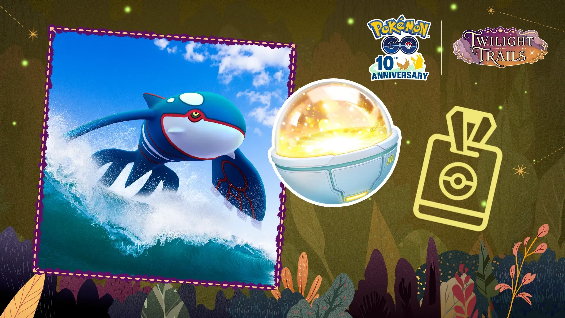 A promotional image for Pokémon Go's Go Pass: October, featuring Kyogre and a Lucky Trinket.
