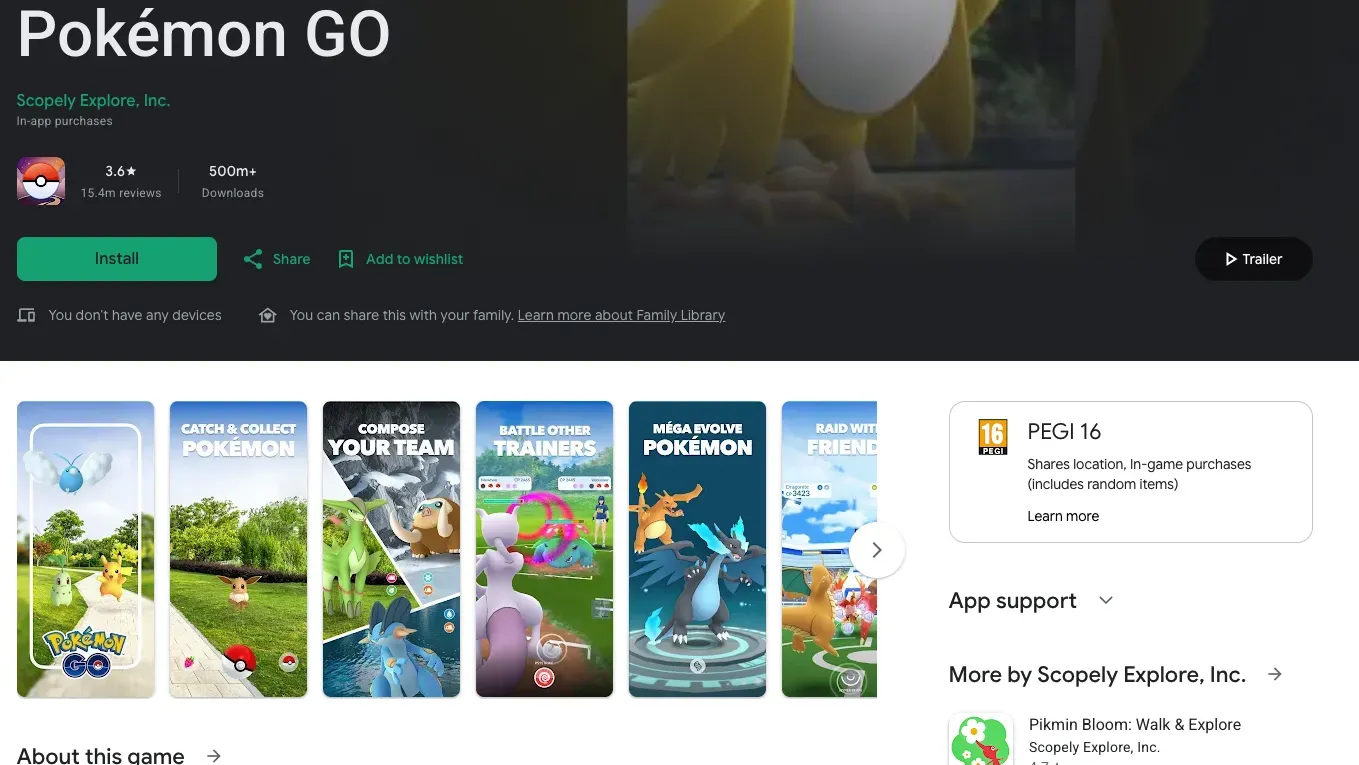 A screenshot of Pokémon Go's Google Play Store listing, which features a PEGI 16 rating on the right side.