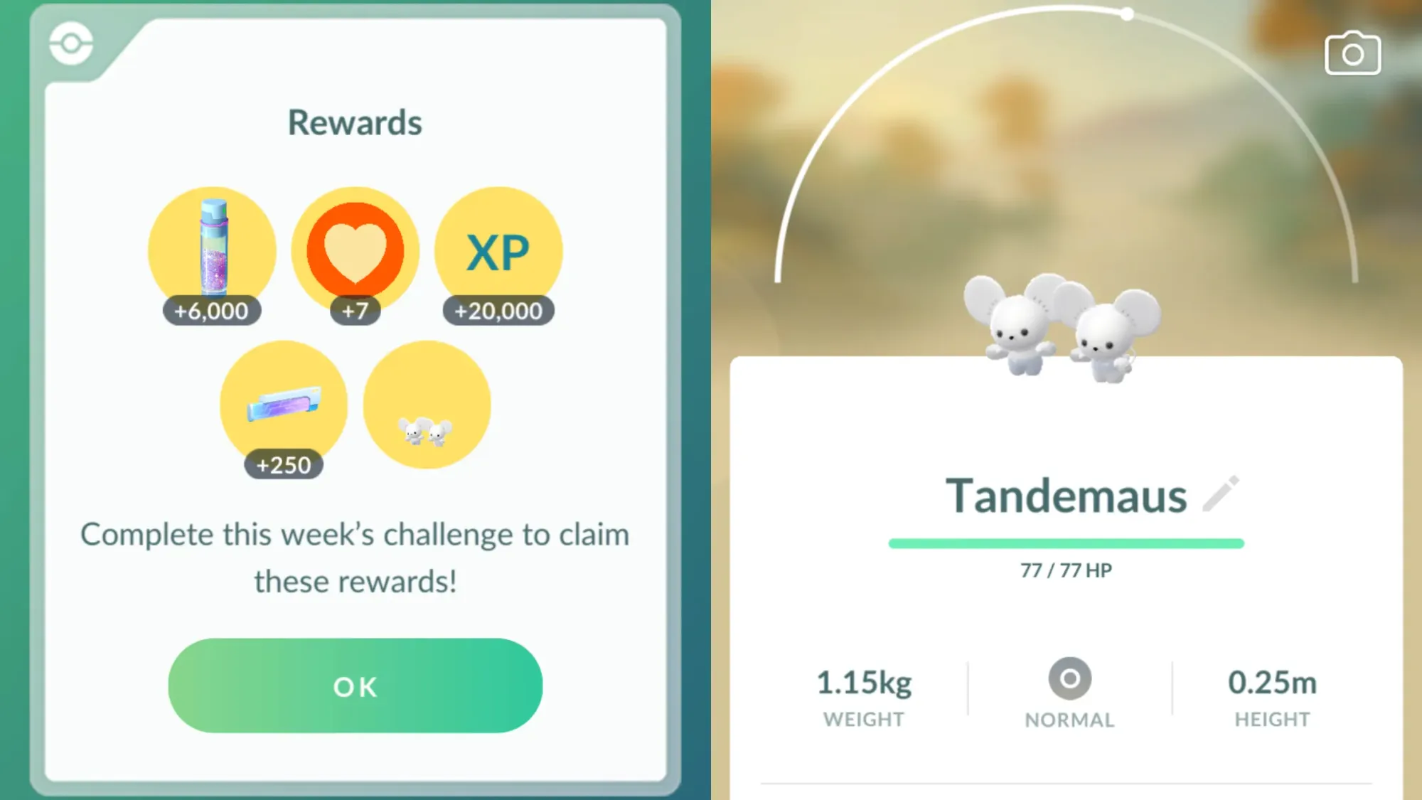 Two screenshots from Pokémon Go, featuring a list of rewards on the left, and a Tandemaus on the right.