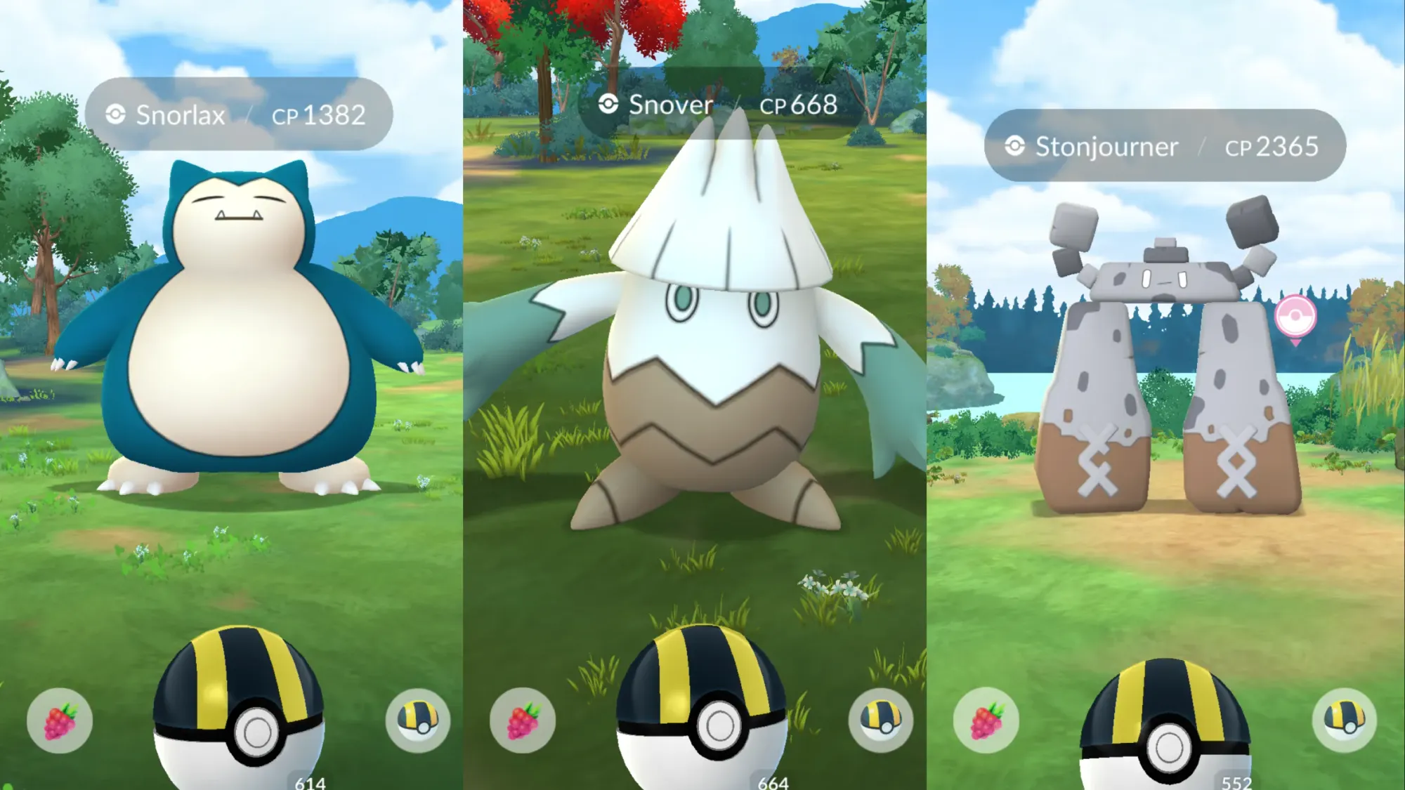 Screenshots of Snorlax, Snover and Stonjourner in Pokémon Go.