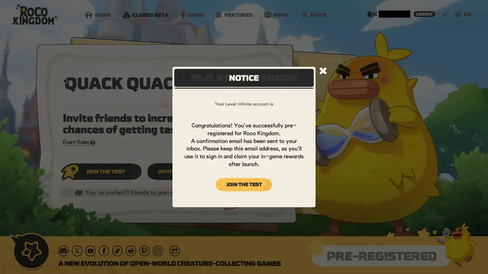 A screenshot of the Roco Kingdom website with the text: Congratulations! You've successfully pre-registered for Roco Kingdom. A confirmation email has been sent to your inbox. Please keep this email address, as you'll use it to sign in and claim your in-game rewards after launch.