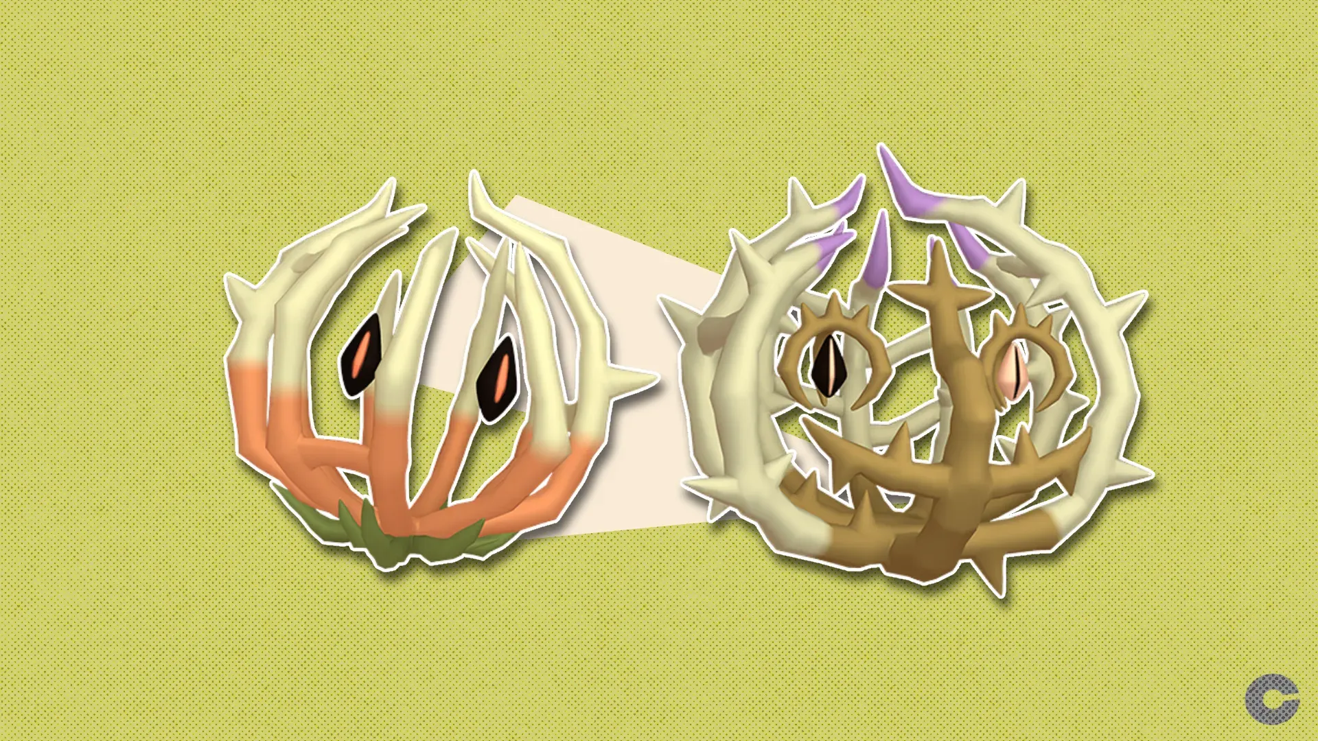 Shiny Bramblin and shiny Brambleghast in front of a polygonal shape and textured background.