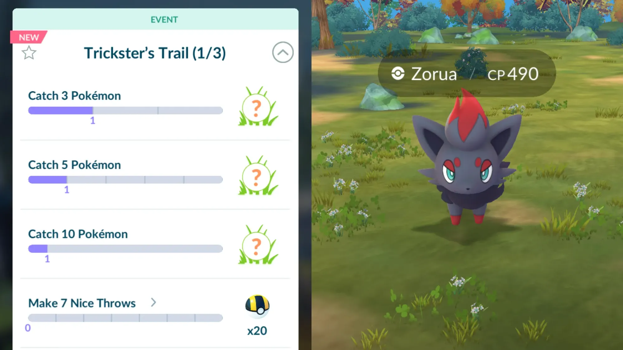 Side-by-side screenshots showing Trickster's Trail Special Research and a Zorua encounter.
