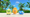 Pokémon Browt, Pombon, and Gecqua standing on a beach, standing in front of a trainer and some trees.