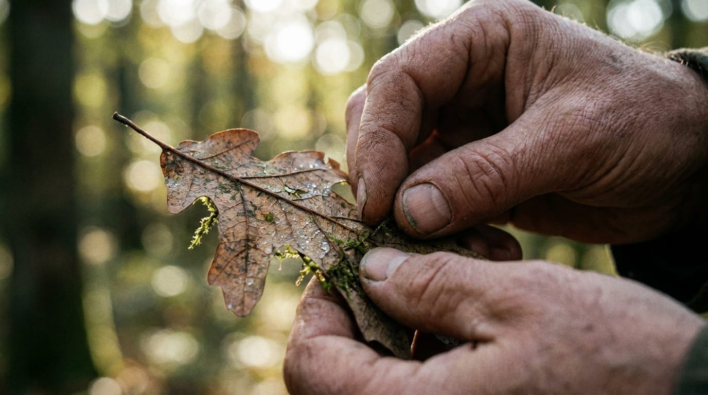 A person's hands gently touching a leaf to ground themselves in nature