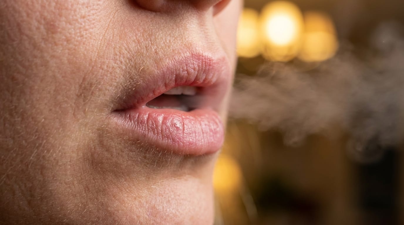 Woman exhaling slowly in soft warm light