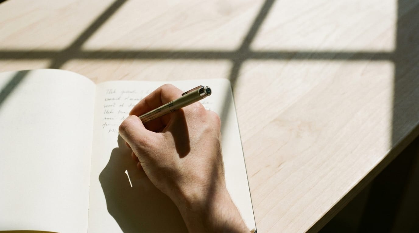 Close-up overhead view of hand writing in notebook on wooden desk