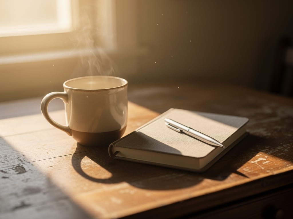 A calm desk with a closed notebook symbolizing the end of a task