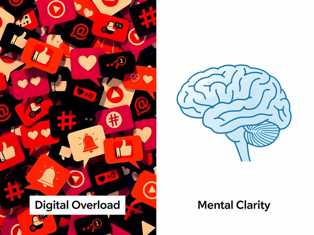 A visual comparison of a stressed mind from social media versus a calm mind during intentional rest.