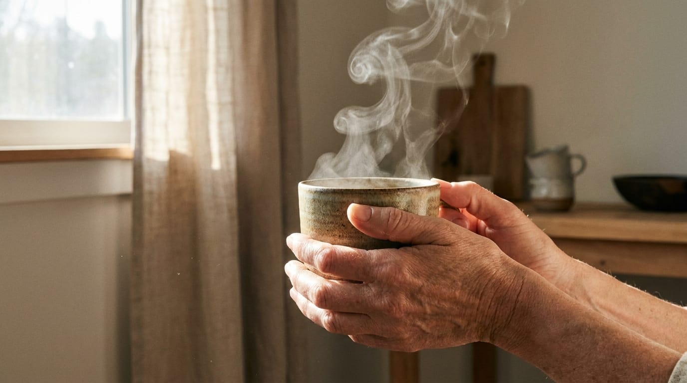 A person holding a warm mug, a moment of calm