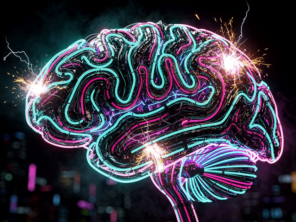 A glowing brain with tangled, sparking wires representing decision fatigue.