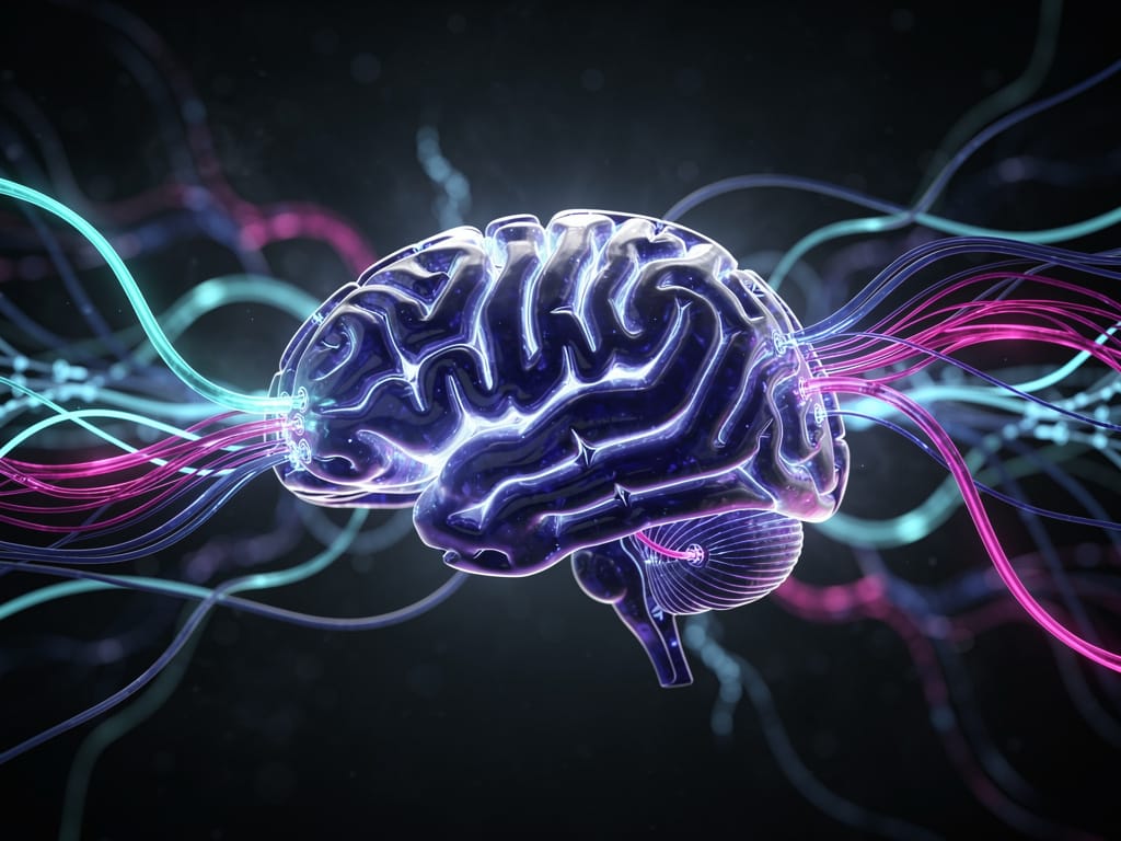 Glowing human brain with electric blue neural pathways on dark background