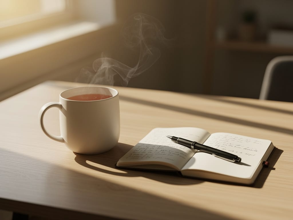 Ceramic mug and open journal on wooden desk in warm morning light