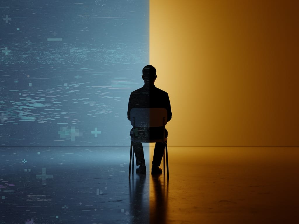 Person sitting in stillness, split between digital overstimulation and calm recovery