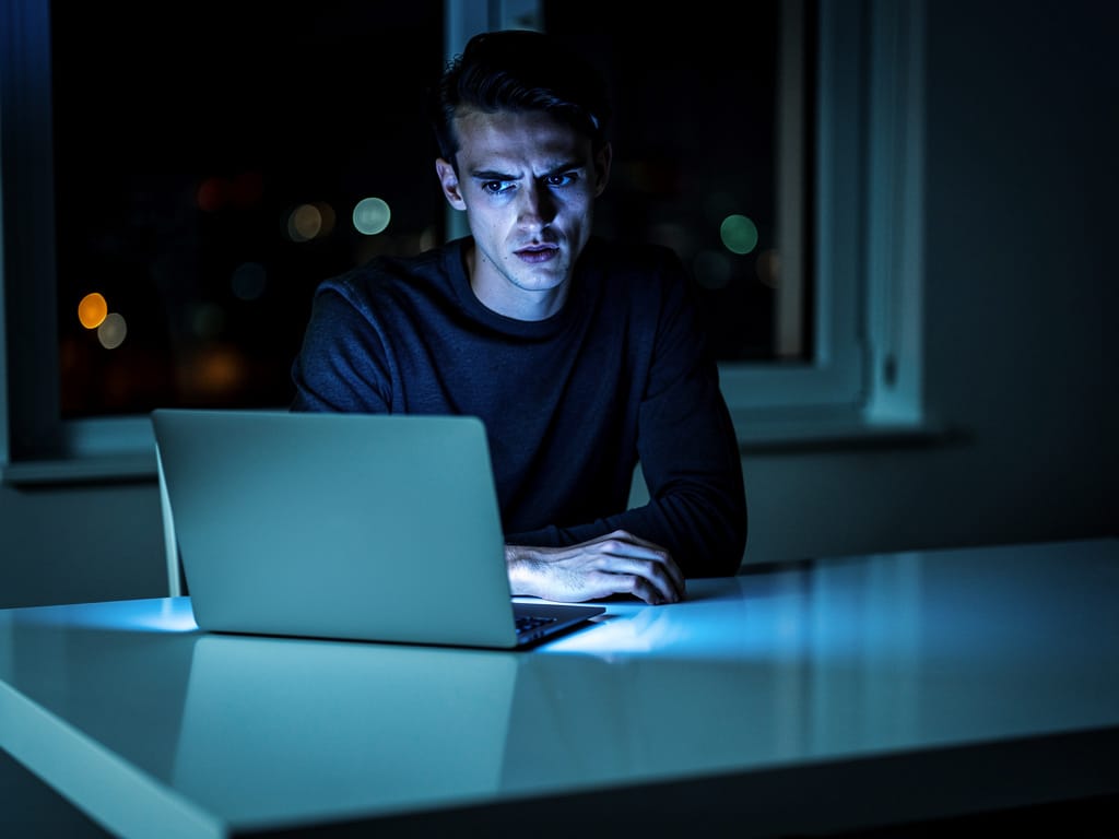 Person overwhelmed by screen glow at a minimalist desk at night