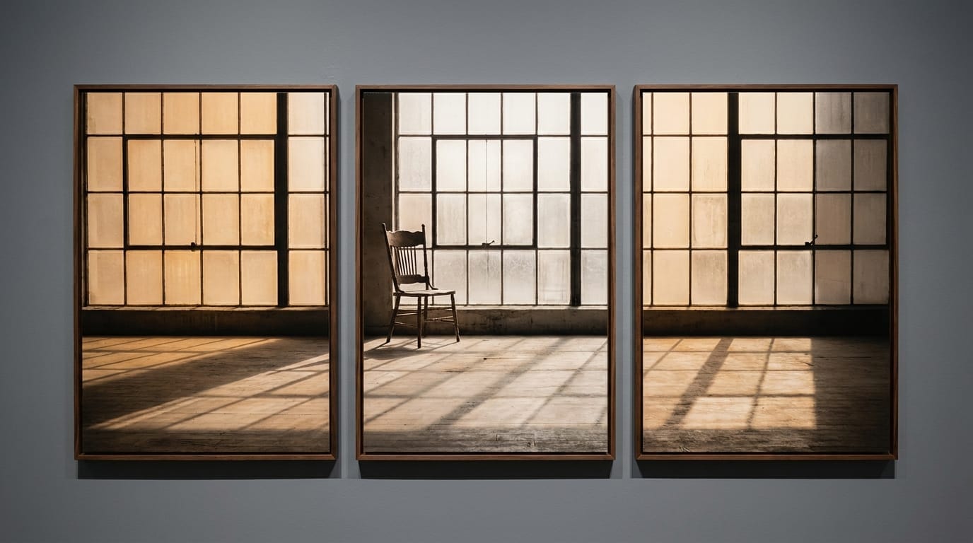 Empty wooden chair facing a sunlit window in a quiet room
