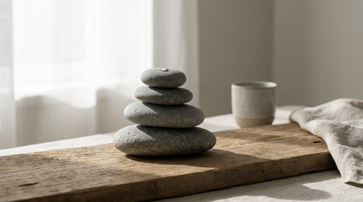 A stack of smooth, calming stones in soft light