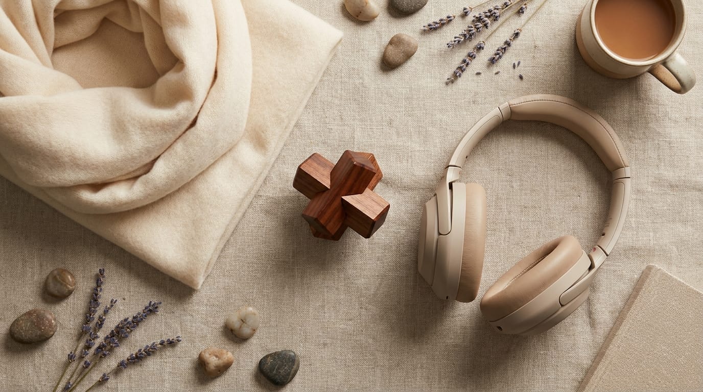A collection of sensory tools like a soft scarf and headphones on a table