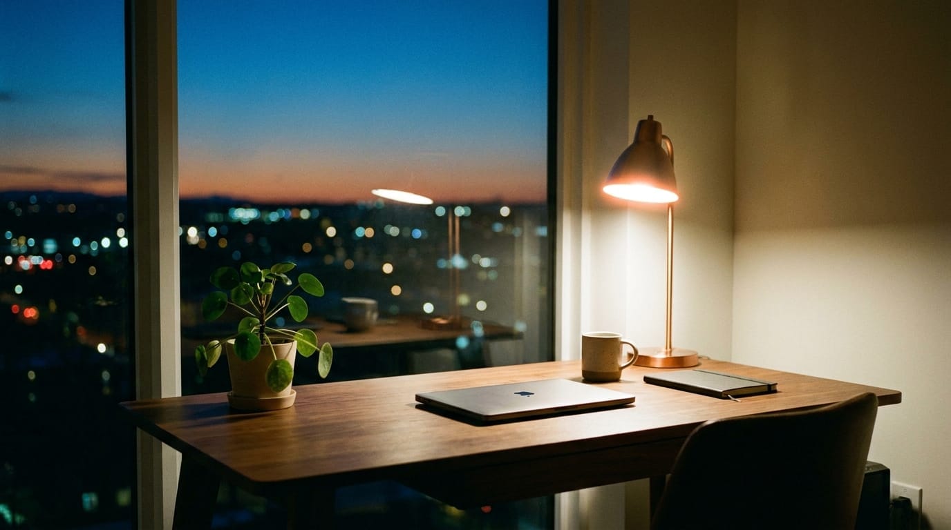A tidy, peaceful desk at the end of the workday